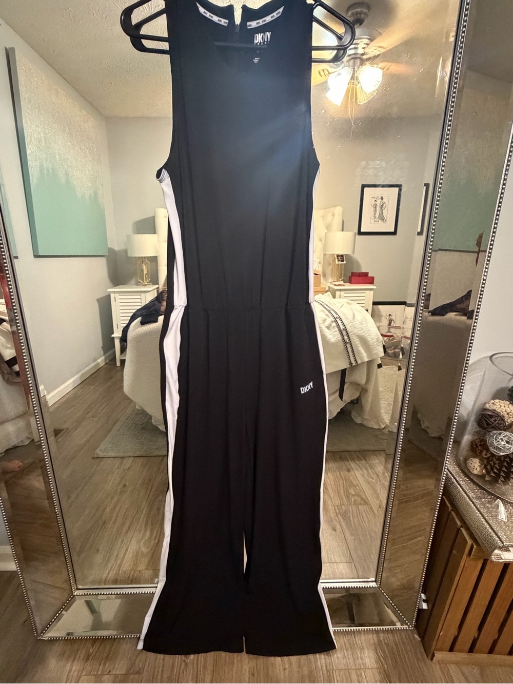 DKNY Black Jumpsuit with White Side Stripes